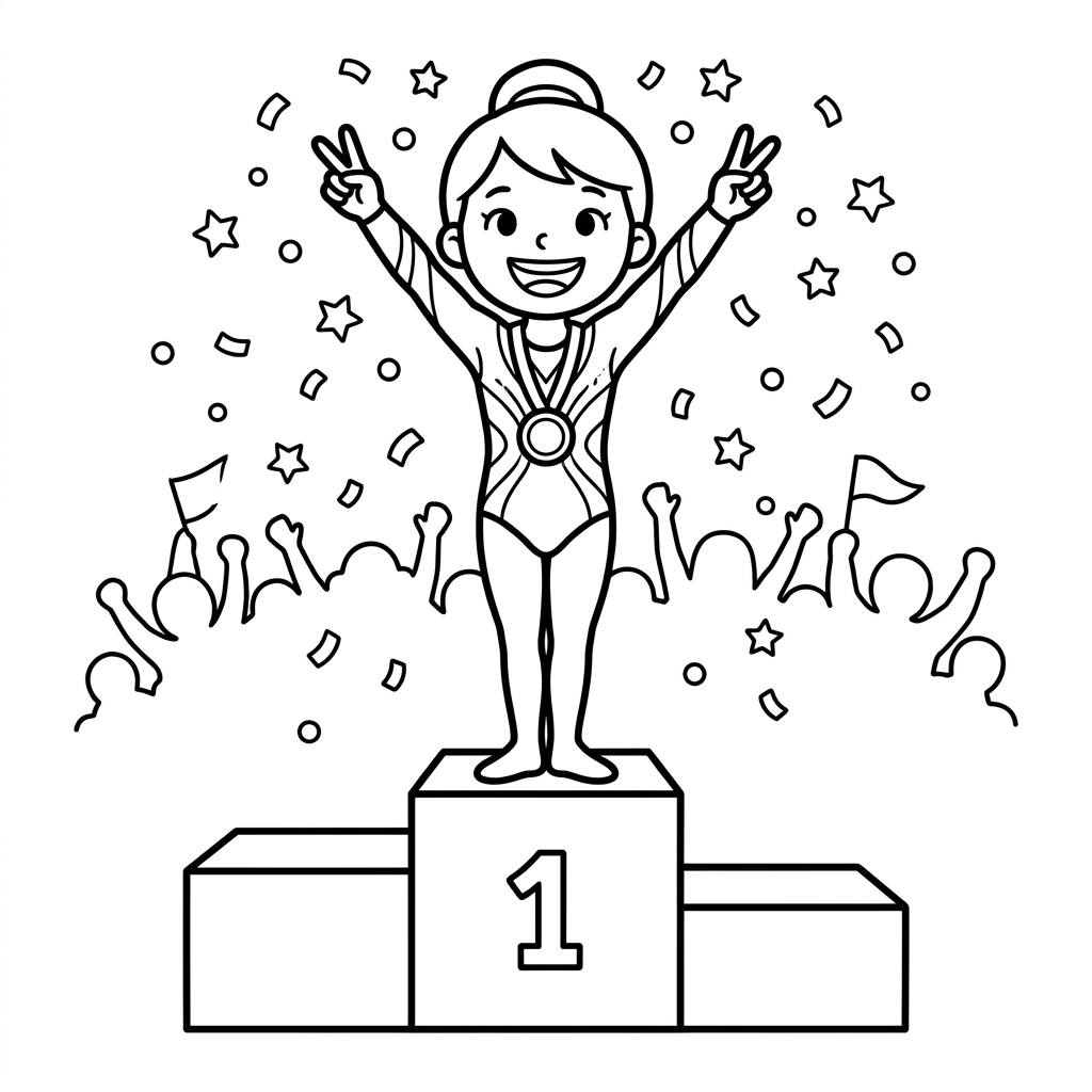 Gymnastics coloring page of a young gymnast champion on a winners podium with a gold medal and confetti.